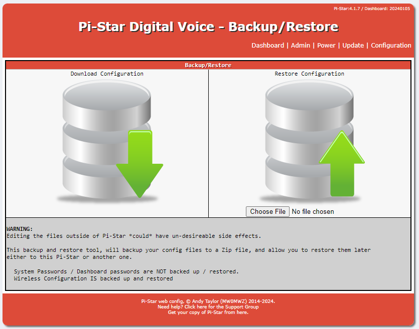 Backup and restore functions are built into Pi-Star