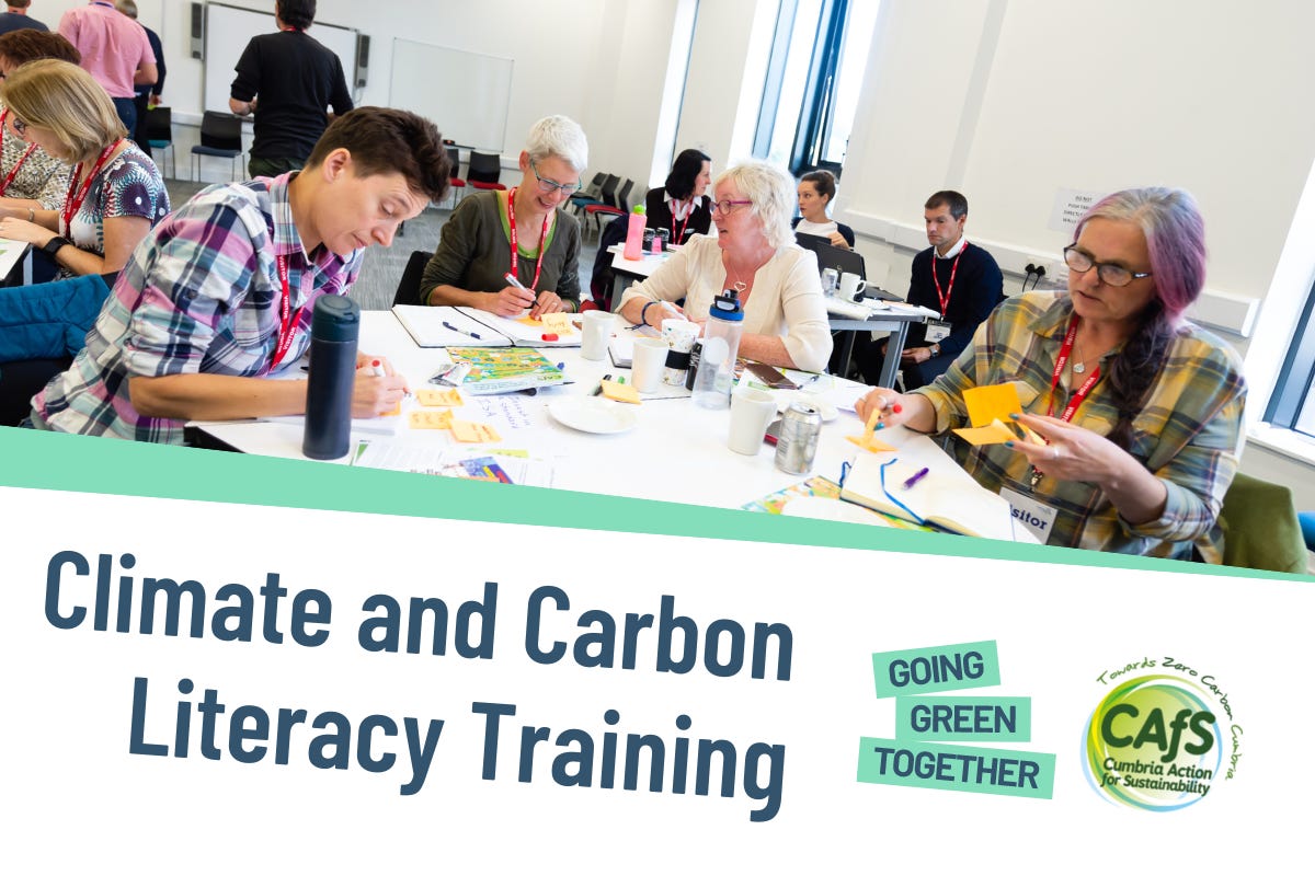 Image shows a group of delegates sitting around a table working on group exercises and writing on post-it notes. Beneath text reads: Climate and Carbon Literacy Training. From Going Green Together and Cumbria Action for Sustainability.