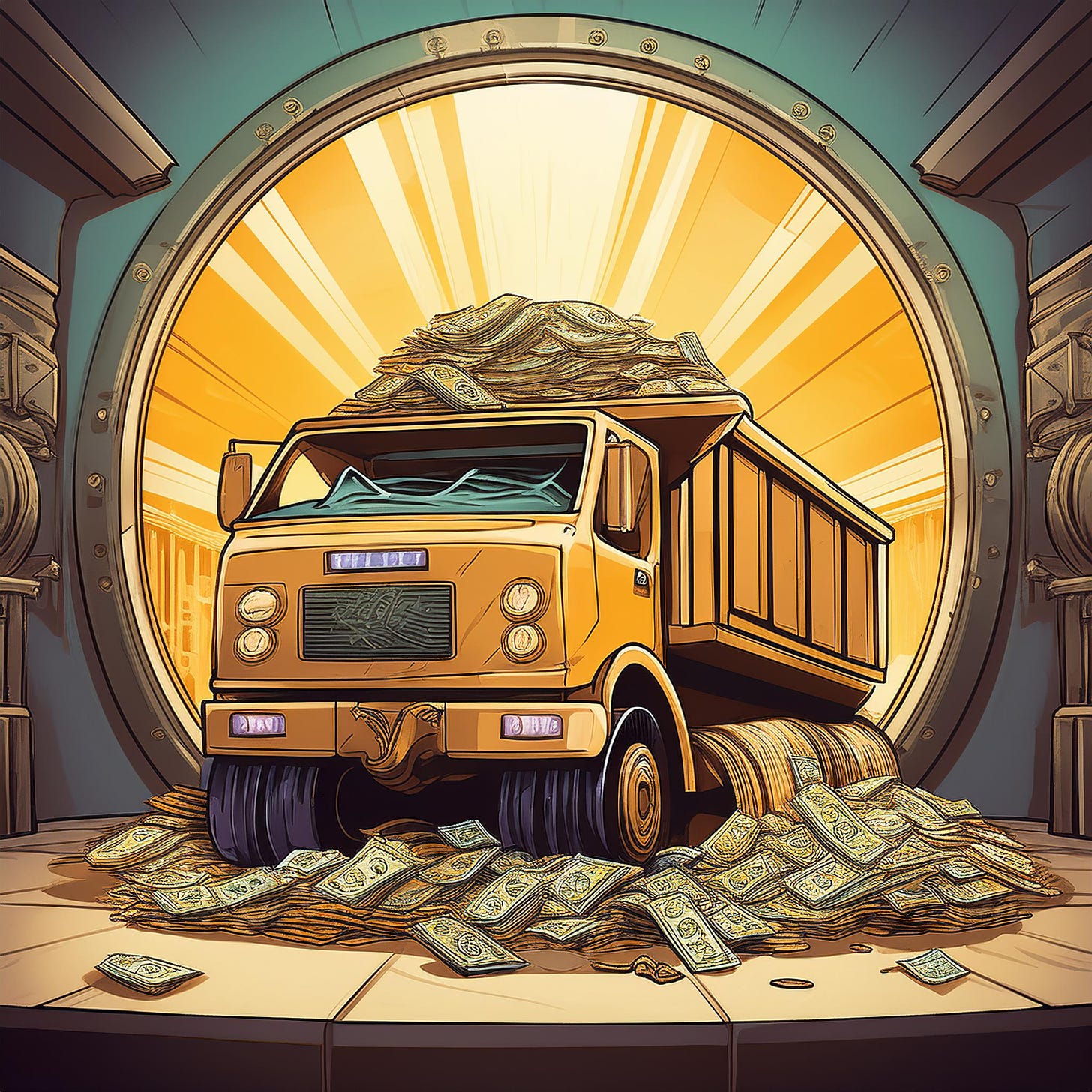 AI Artwork of a Truck Hauling Cash into a Bank Vault