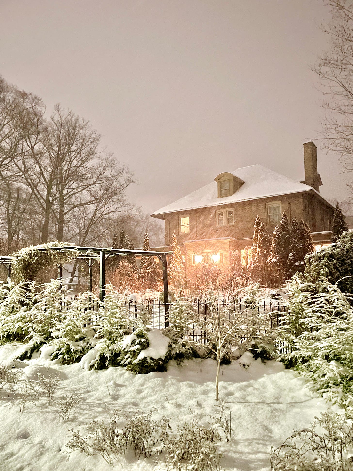 Snow at sunset means pink sky over Havenwood.