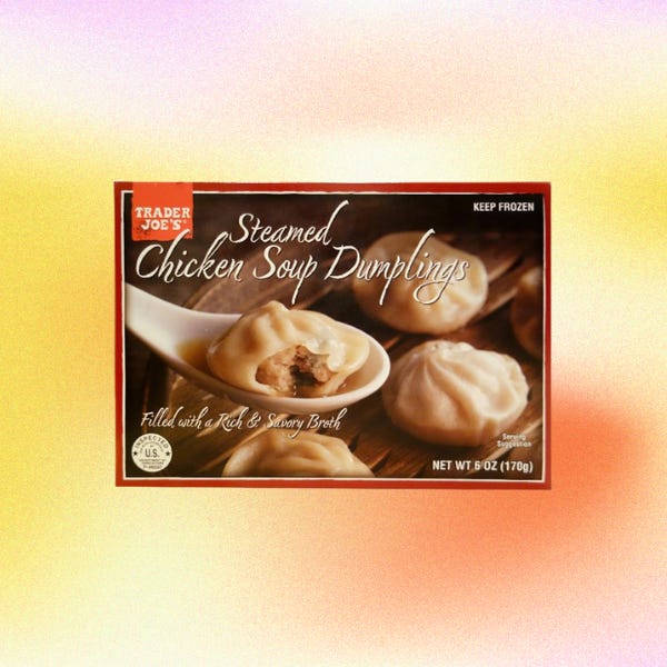 A box of Trader Joe's steamed chicken soup dumplings on a gradient background