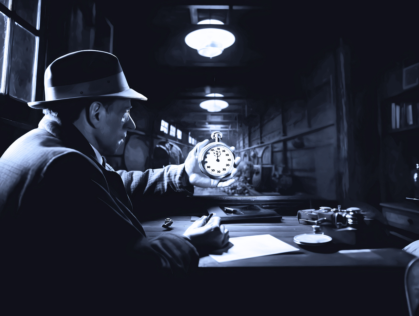 Film noir-style image depicting a man's intense focus on time. A dimly lit, shadowy room with overhead lights creating a moody atmosphere. In the foreground, a man in a fedora and suit sits at a desk, his face partially obscured. He holds up a large pocket watch, examining it closely. The watch face is clearly visible, showing about 2:54. On the desk are various objects including papers, possibly a gun, and other unidentified items. The background shows a long, narrow space, possibly a hallway or train car, with coat hooks visible along the wall. The high contrast black and white tones emphasize the dramatic lighting, creating a sense of mystery and urgency. This image could represent the autistic experience of hyper-focus on time, the pressure of deadlines, or the feeling of being out of sync with the world's timeframe, all within a stylized, noir detective setting.