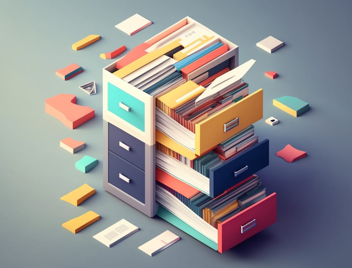 illustration of a colorful filing cabinent with lots of folders and papers