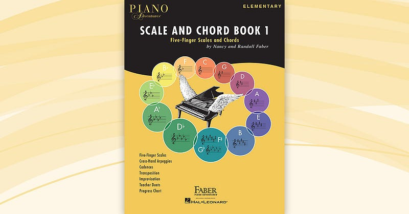 Cover of Piano Adventures: Scale and Chord book 1, showing a grand piano with wings surrounded by the circle of fifths