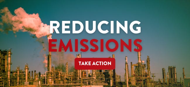 An image of fossil fuels plant and text that reads ''Reducing Emissions'' and a button that reads ''Take Action''