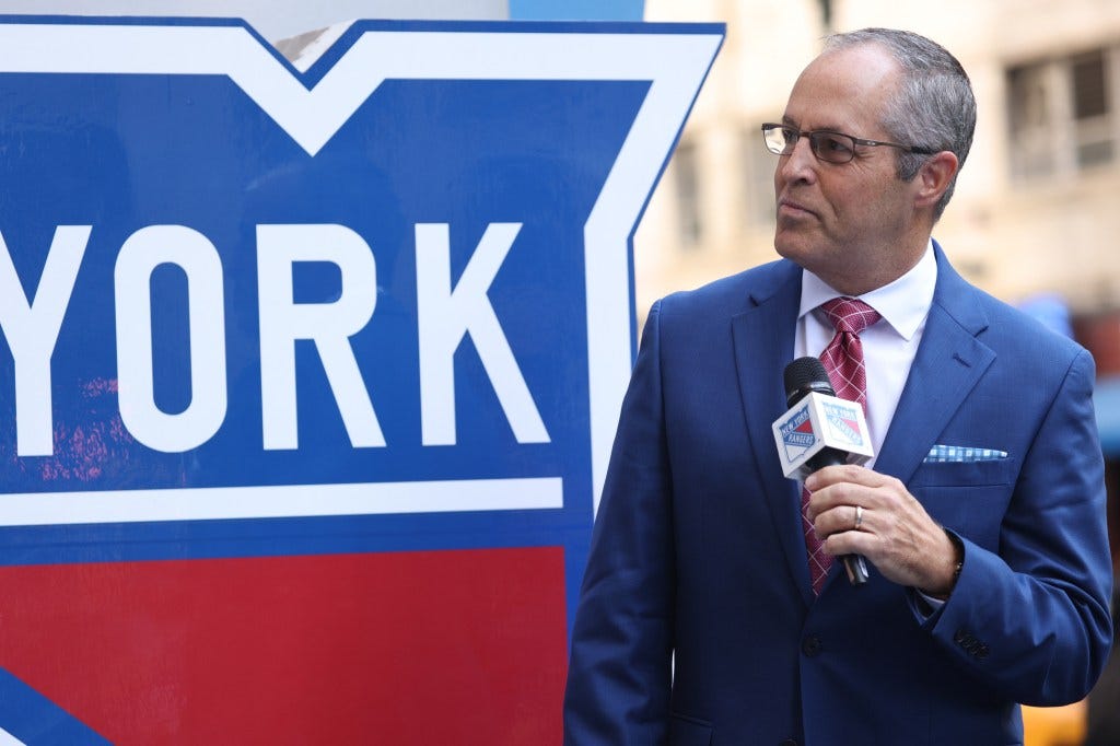 John Giannone of MSG Networks introduces New York Rangers players as they arrive at the blue carpet prior to the home opener against the Tampa Bay Lightning at Madison Square Garden on October 11, 2022.