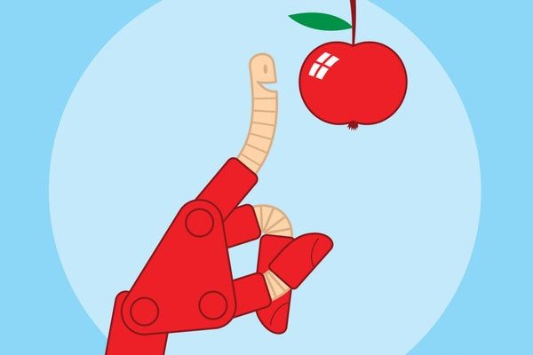 Illustration of a finger that looks like a worm, looking at a red apple