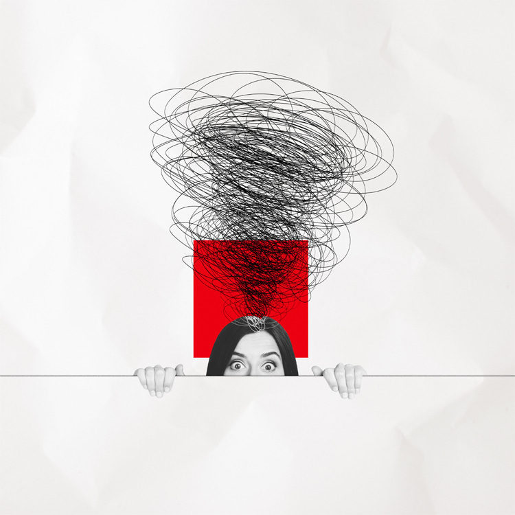 Woman with a tornado of pencil markings coming out of her head representing writers' helmet fires.