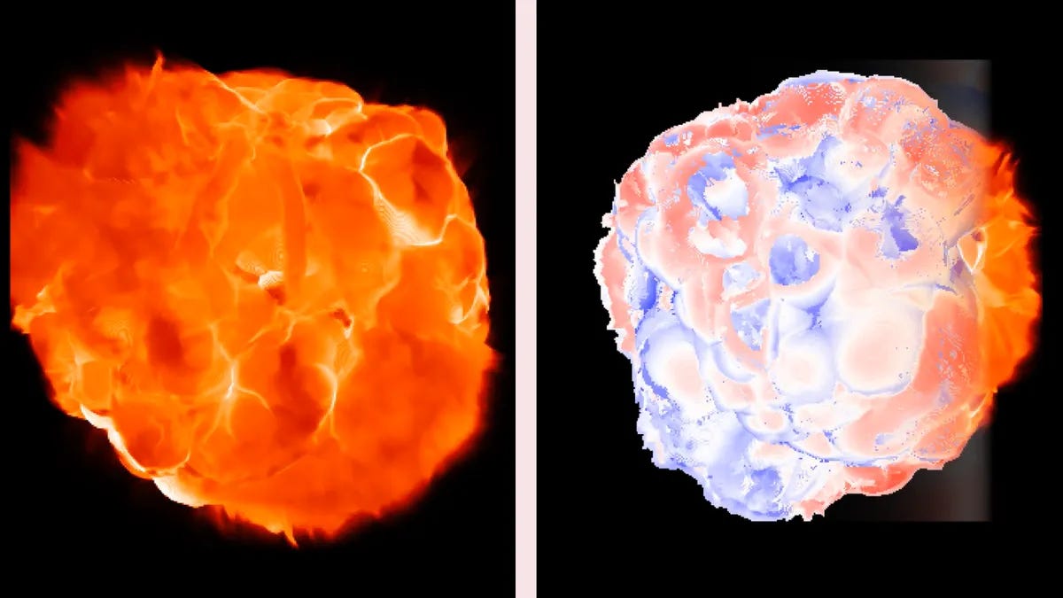 Two fiery orange masses against black backgrounds. The mass on the right is swirled through with blue. 