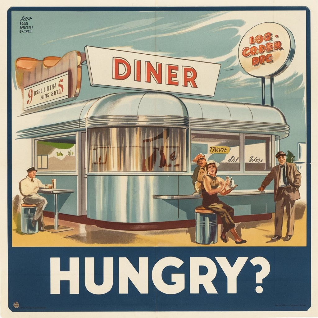 Vintage 1950s poster for a diner with the word "Hungry?" by Ideogram 2.0