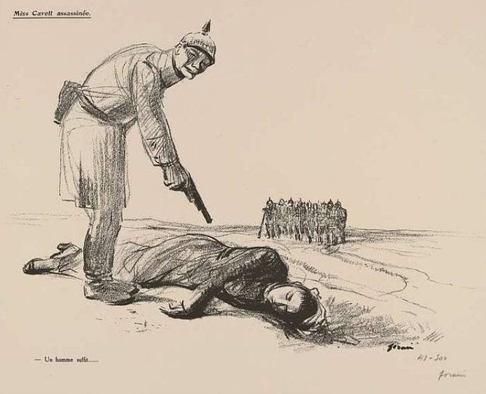 A drawing showing an evil-looking, slightly grotesque, German officer in a pickelhaube leaning over an unconscious Edith Cavell. Not quite the image I mention in the text, but you get the idea.