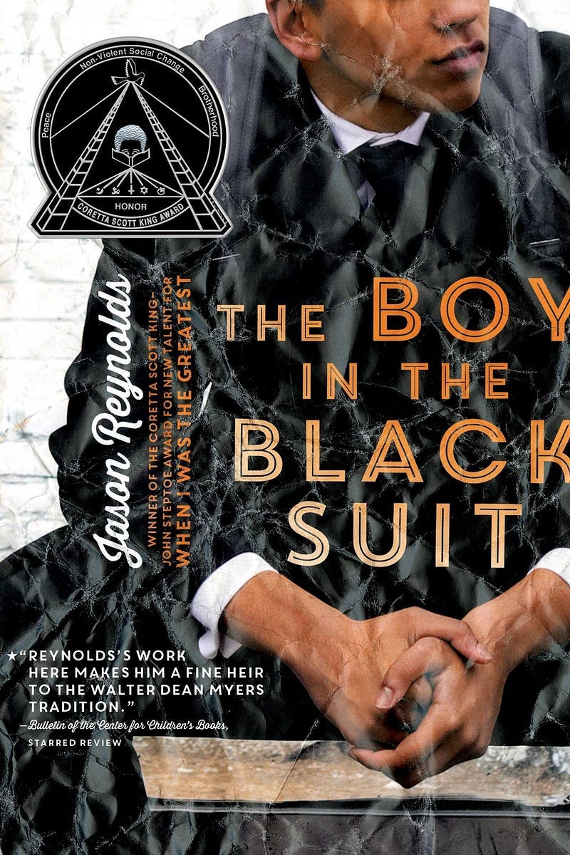 Book cover; background image is a Black boy with a black suit on sitting with his hands clasp; only up to his nose
