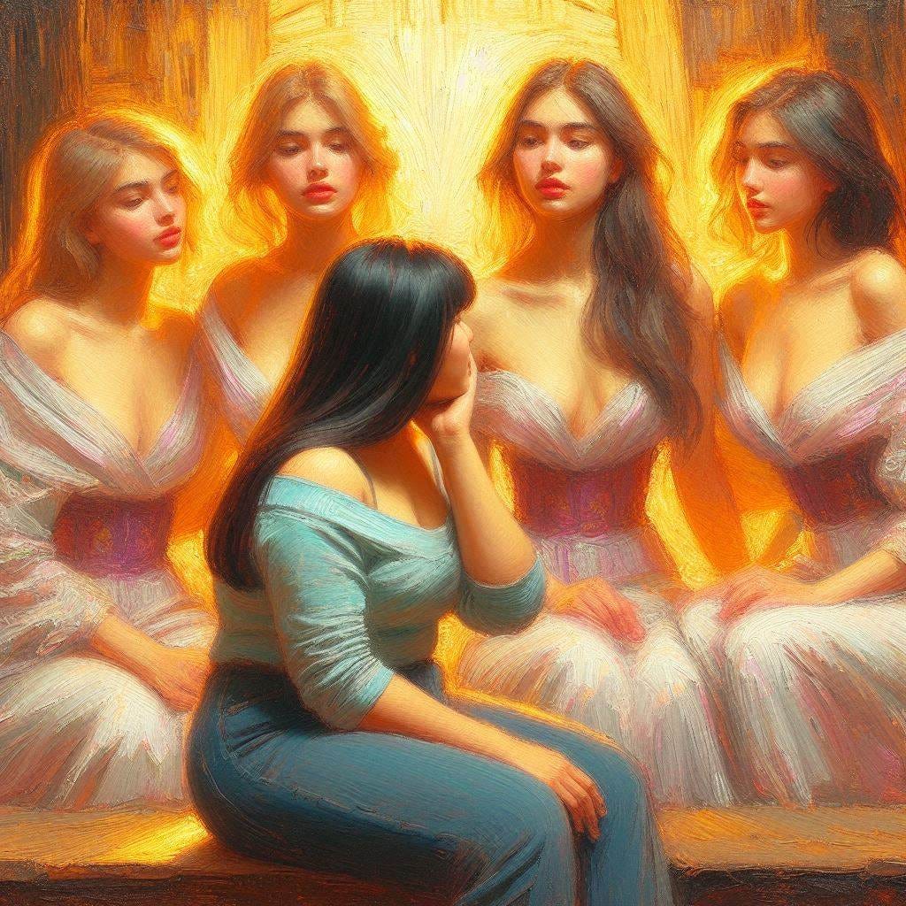 a plain and overweight young woman stares at a group of four beautiful woman who are engulfed in a rosy-golden light. Impressionist-style.