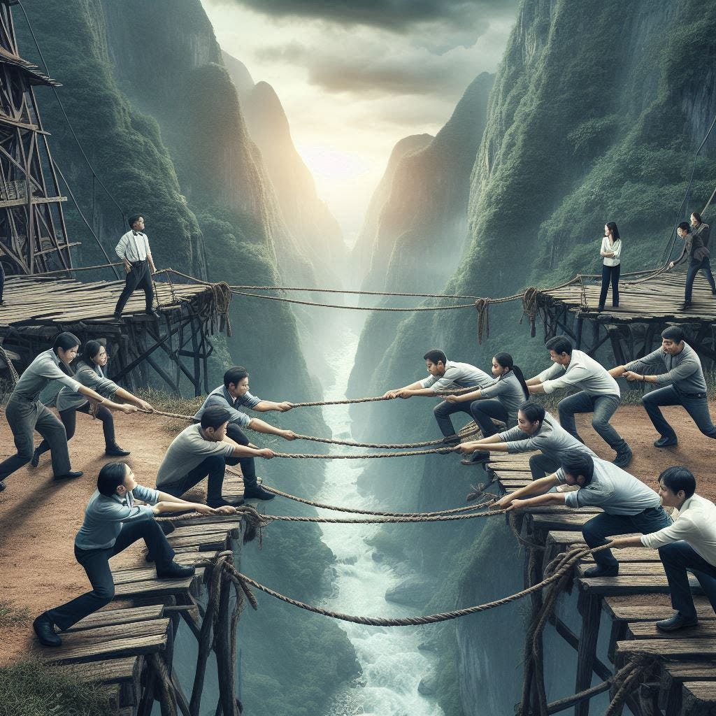 AI-generated image given the prompt, “A game of tug of war between groups of super-smart social engineers on a rickety old bridge over a deep canyon.”