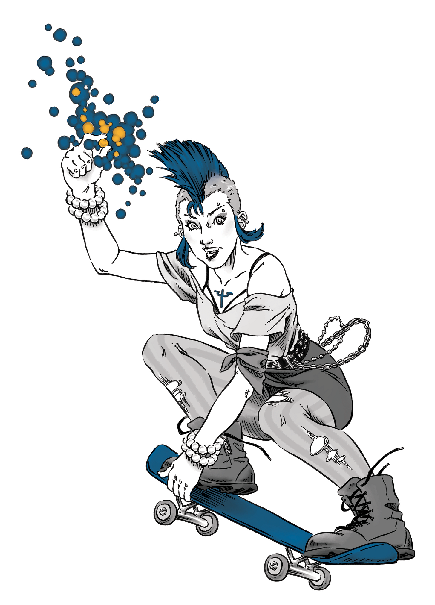 This image depicts a punk-inspired character with a blue mohawk hairstyle, crouched on a skateboard. They wear ripped clothing, boots, and accessories like bracelets and a chain belt. The character is depicted in a dynamic pose, with one hand raised, releasing or controlling blue and orange glowing orbs, suggesting some form of magical or energy-based power.