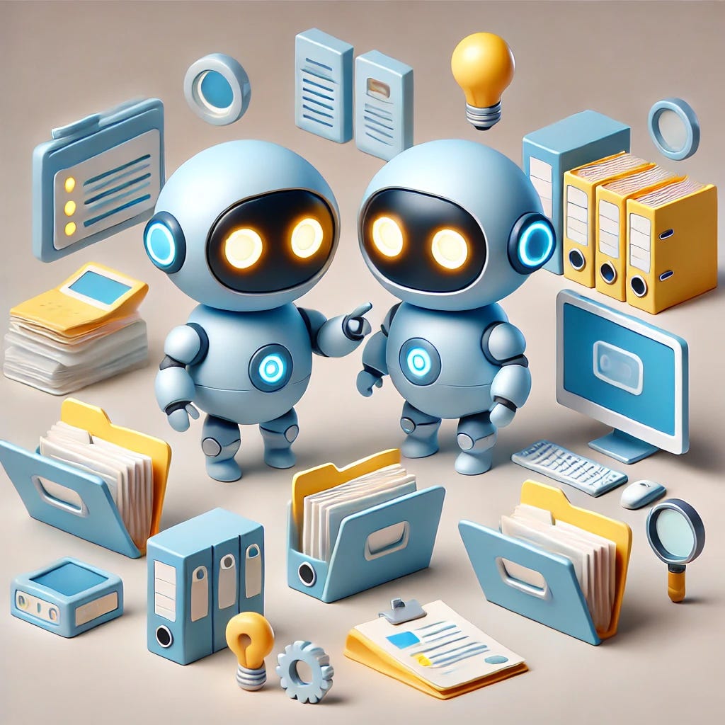 A 3D-style illustration featuring a cute, futuristic robot interacting with a variety of digital objects, such as folders, computers, ledgers, and other office items. The robot should have a smooth, rounded design with glowing eyes and arms that appear functional. Arrange the objects in a neat sequence, with the robot appearing to organize or sort them. Use a bright, clean color palette of blue, yellow, and gray with a minimalist background to keep the focus on the robot and the objects. The style should be playful yet professional, suitable for a tech context.