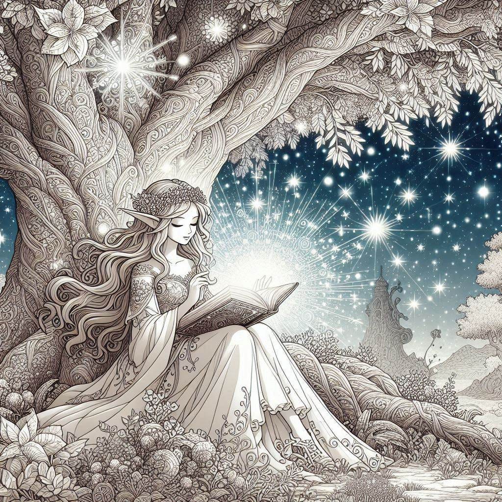 a beautiful elf woman reading under a brilliant shining magical tree in a magical land, intricate fantasy cartoon style