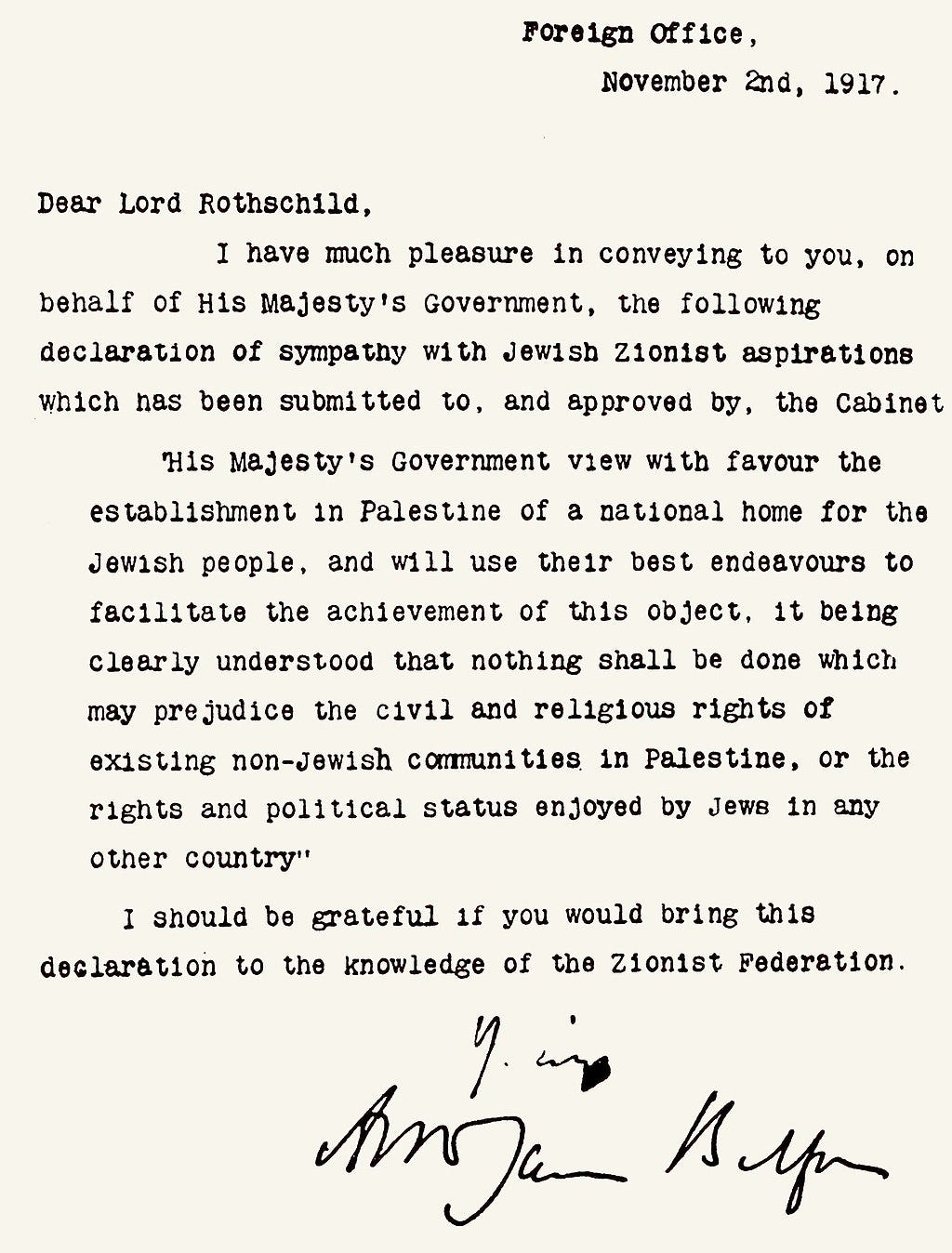 A copy of the letter from Prime Minister Balfour to Lord Rothschild on the declaration of a Jewish state in Mandatory Palestine