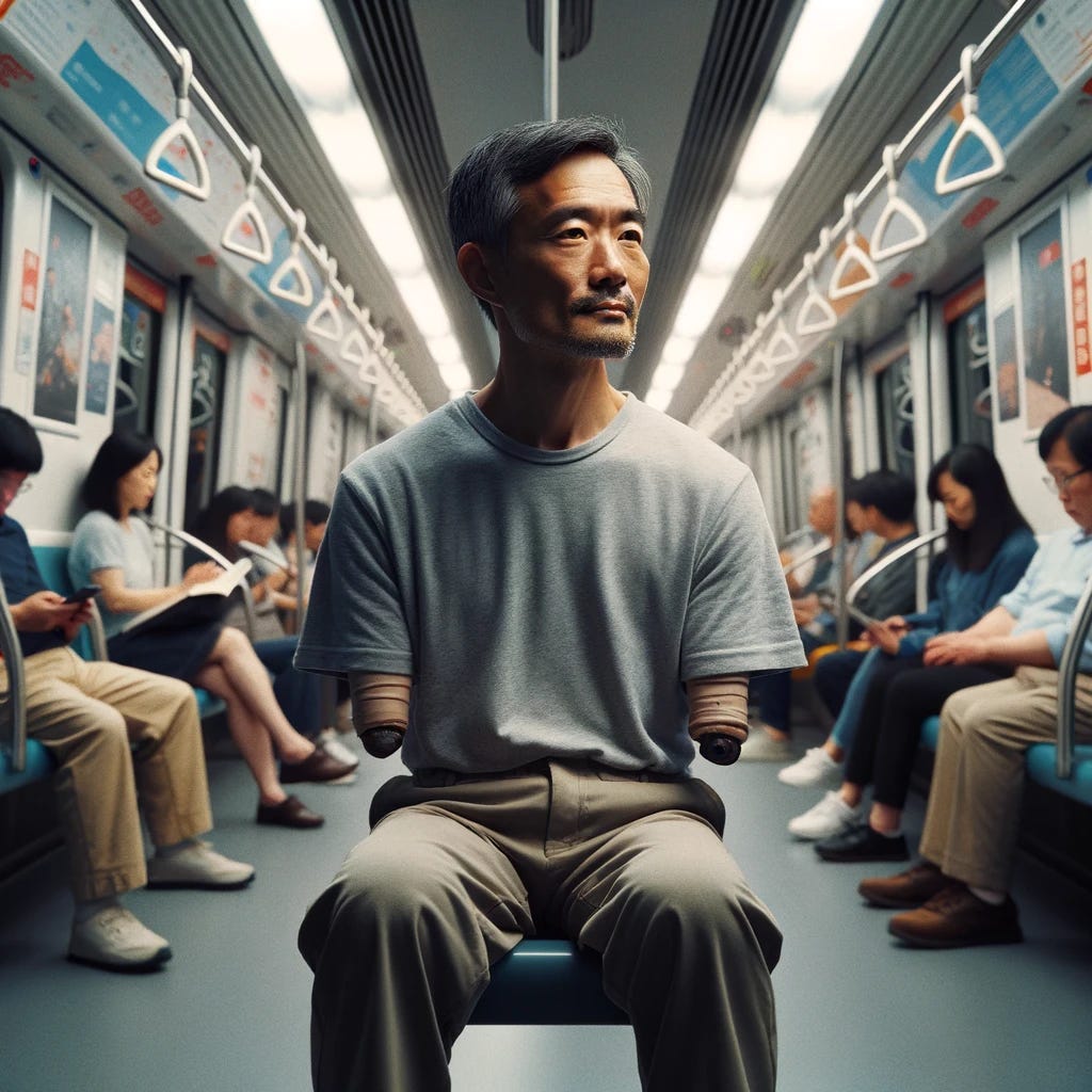 Visualize a middle-aged Chinese man, with no arms, sitting comfortably on a subway train. He is wearing casual attire, consisting of a plain t-shirt and trousers. His expression is calm and contemplative, looking towards the window, showcasing a sense of independence and resilience. The subway interior is modern and clean, with other passengers nearby paying no particular attention to him, immersed in their own activities like reading or using their phones. The lighting in the subway car is bright, highlighting the diversity of passengers and the normalcy of the scene.