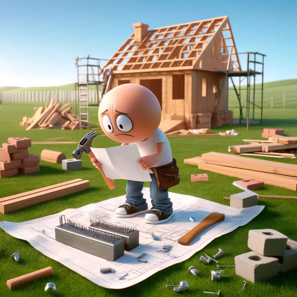A cartoon character stands on a grassy plot, surrounded by construction materials. They look comically perplexed, holding a hammer in one hand and a saw in the other, with a pile of wood, bricks, and nails scattered around. The character is looking at a piece of paper, which is presumably the building plan, but it's clear they are holding it upside down. In the background, there's a partially constructed structure that looks more like a random assembly of materials than a house. This scene is set under a clear, sunny sky, capturing the humorous and slightly chaotic attempt of an inexperienced individual trying to build a house.