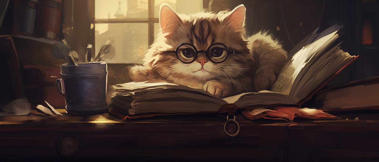A cat with glasses on a book at a desk.