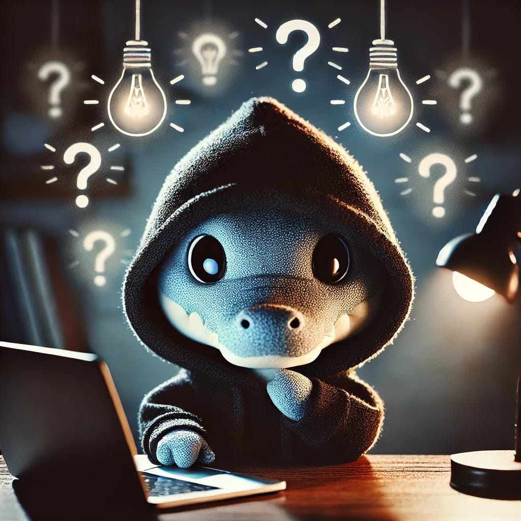 A small, cute anthropomorphic gator wearing a hoodie with the hood up, partially shadowing its face to create an anonymous, mysterious look. The gator is seated at a desk with a laptop, surrounded by a subtle glow of floating ideas symbolized as lightbulbs and question marks. The background is dimly lit, resembling a cozy study or an intellectual workspace, emphasizing the theme of anonymity and sharp wit. The overall vibe is thoughtful yet enigmatic.