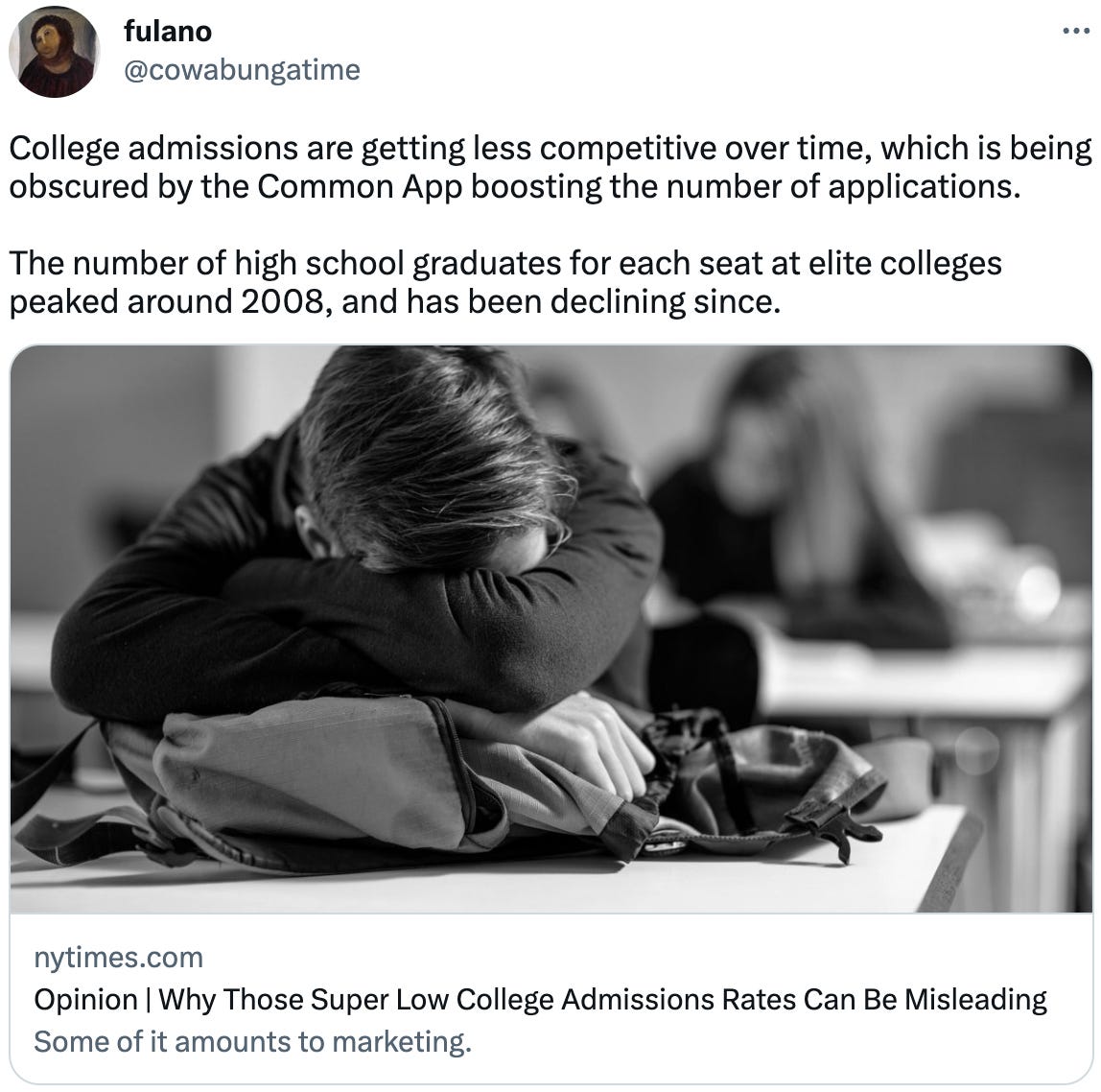  fulano @cowabungatime College admissions are getting less competitive over time, which is being obscured by the Common App boosting the number of applications.  The number of high school graduates for each seat at elite colleges peaked around 2008, and has been declining since.