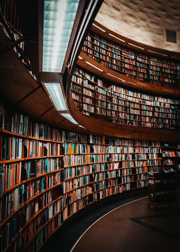 Photograph of a large library.