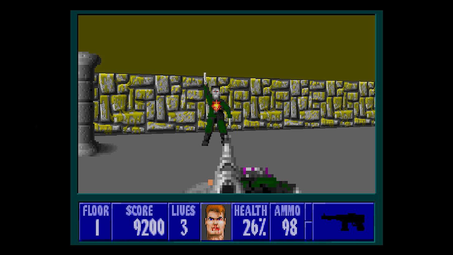 A screenshot from Episode 2, which takes place in a secret lab full of unholy creations such as the Frankenstein's monster-esque creature with a machine gun embedded in its chest shown here.