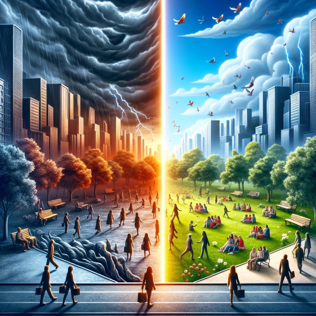 A visually striking and thought-provoking image depicting the contrast between negative and positive perceptions in human interaction. The scene includes a split visual: one side shows a dark, stormy cityscape representing negativity and pessimism, and the other side shows a bright, vibrant park filled with people interacting joyfully, symbolizing positivity and optimism. The image should evoke the impact of cognitive biases on society, capturing the stark differences in perception.