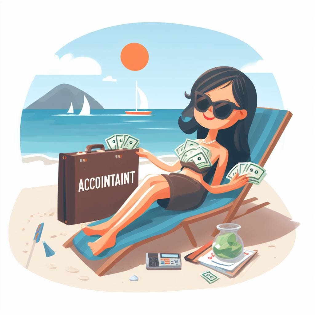 accountant is on the vacation. She has a big bag of cash with her and she`s sunbathing on the beach. a painting.