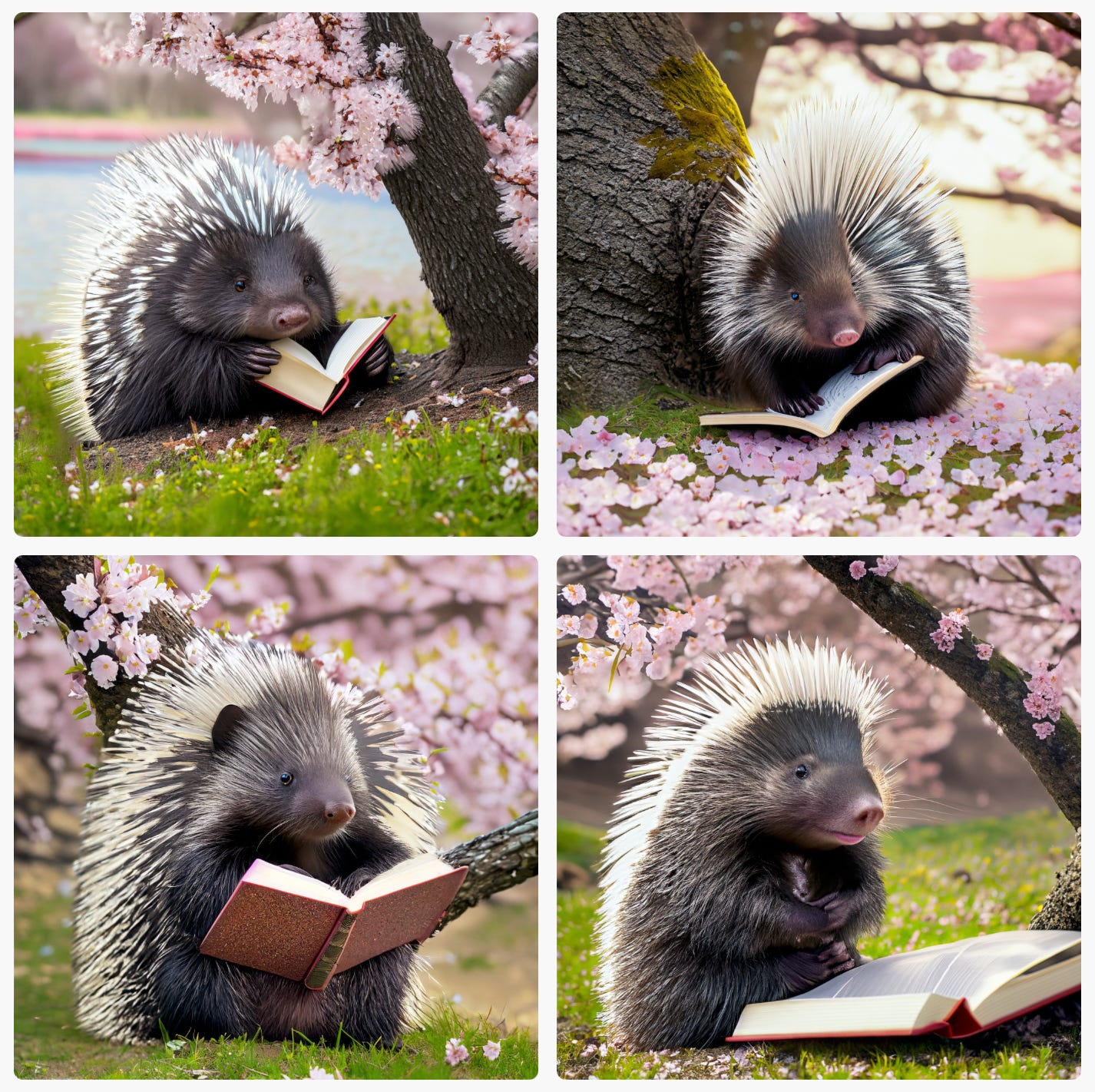 Four AI-generated images of a porcupine reading a book at the base of a tree with cherry blossoms.