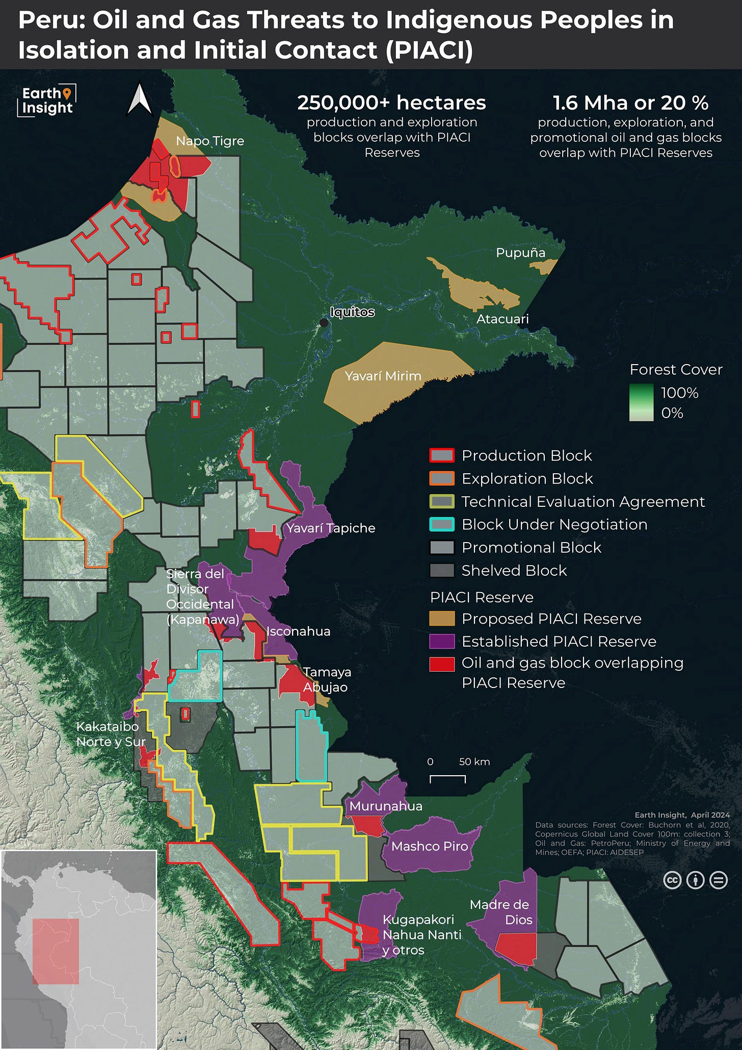 Map and analysis by Earth Insight show current and proposed oil and gas blocks overlap with 20% or 1.6 million hectares of PIACI reserves