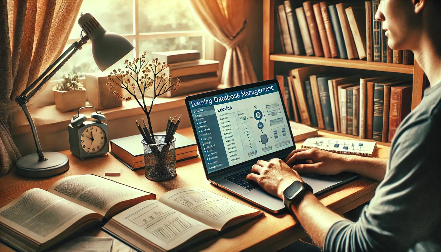 Person studying data management at a cozy desk with books and a laptop. 