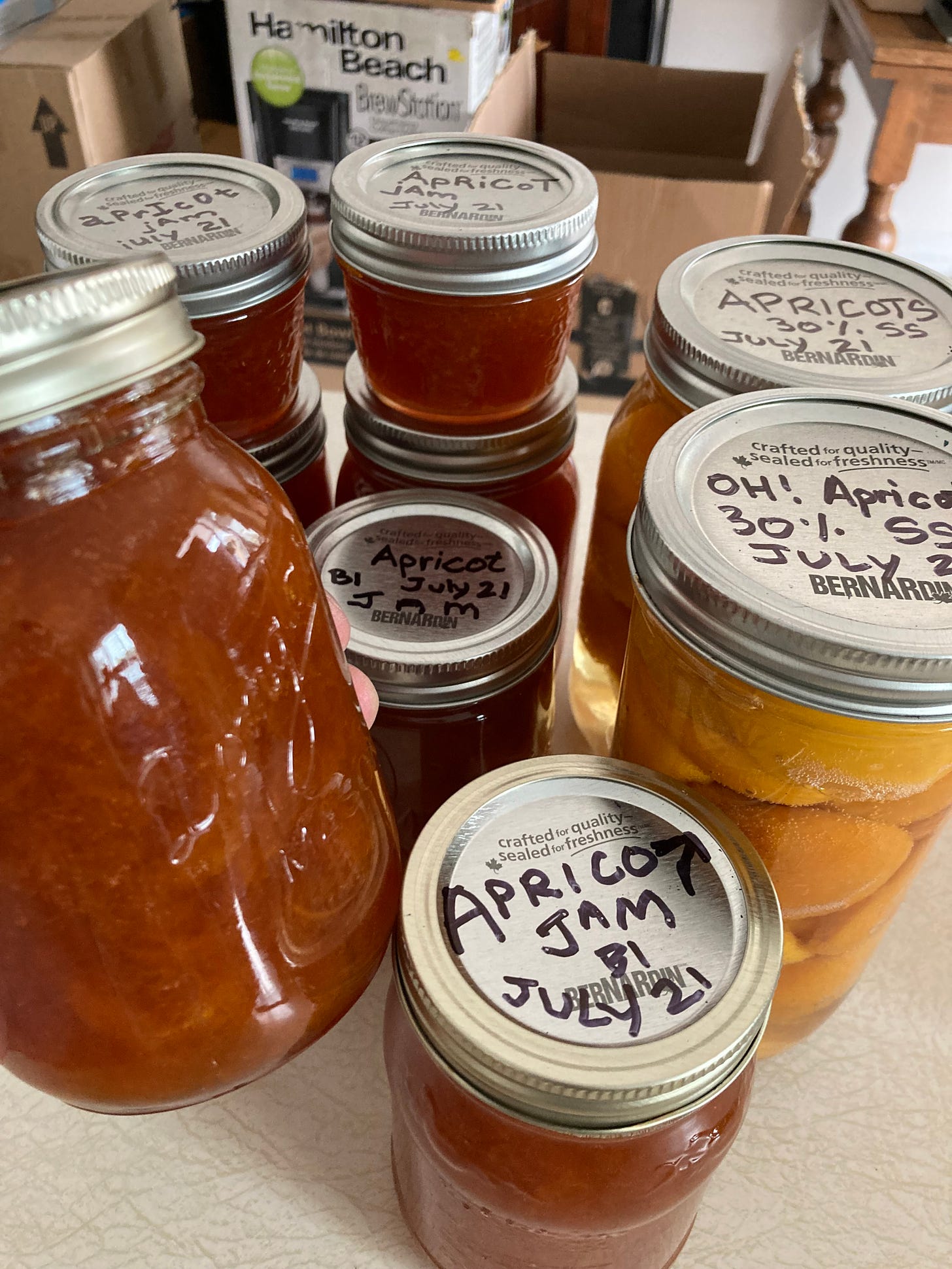 A number of jars, different sizes of apricot jam and whole apricots