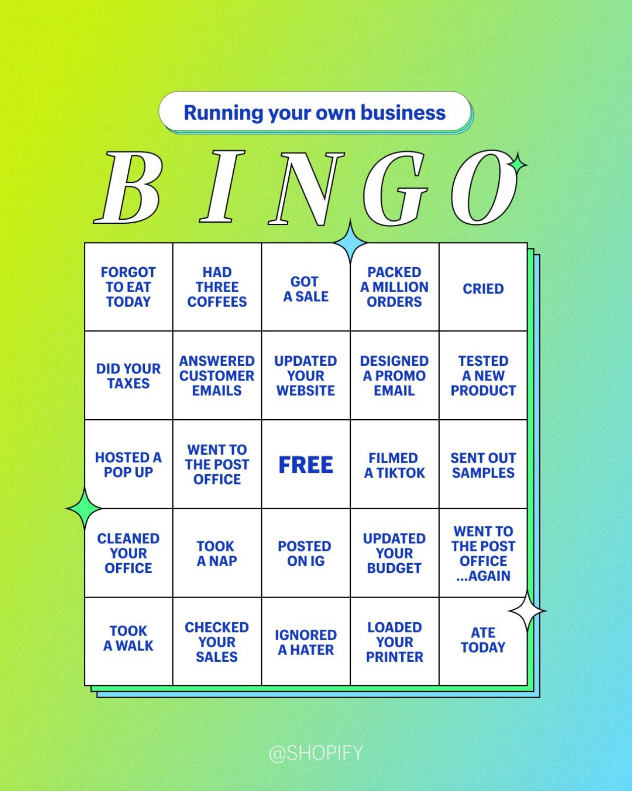 Running a business Bingo card posted on Shopify's Instagram