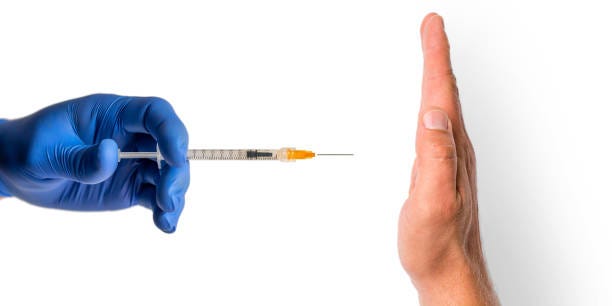 rejection of a syringe by hand signal against white background - illegal covid vaccines bildbanksfoton och bilder