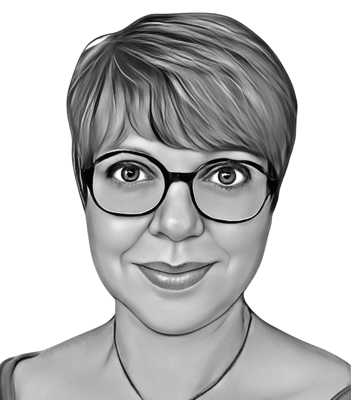 Cartoon of content, smiling woman with short hair and glasses