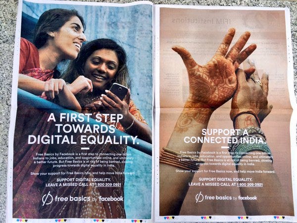 Two-page Free Basics newspaper advertisement urging Indians to advocate against net neutrality protections before the government. Image widely shared on social media.