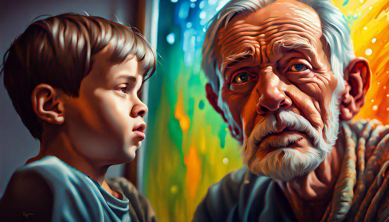 old man watching reflection of his son Hyperrealistic