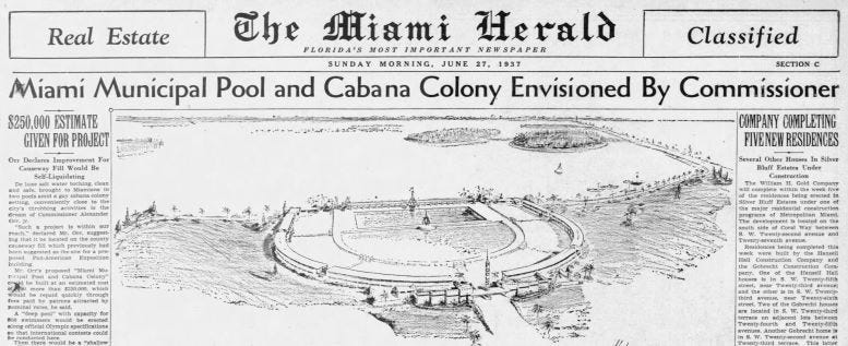 Front page of the Miami Herald on June 27, 1937, outlining the proposal of the Municipal Pool and Cabana Colony.