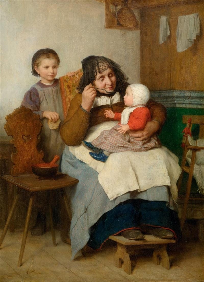 Artwork by Albert Anker, A grandmother giving her grandchild some soup, Made of Oil on canvas