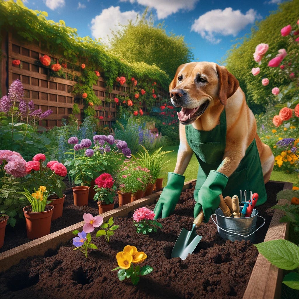 Imagine a cheerful, golden Labrador retriever helping out in a lush garden on a sunny day. The dog, wearing a small, green gardening apron filled with gardening tools, is diligently helping to plant flowers. It's carefully using its mouth to dig small holes in the rich, dark soil, next to which a colorful array of flowers waiting to be planted can be seen. In the background, there's a wooden fence covered in climbing roses, and a variety of vegetables and herbs are growing in neatly arranged beds. The garden is alive with the vibrant colors of nature under a clear blue sky, conveying a sense of peaceful cooperation between human and animal.