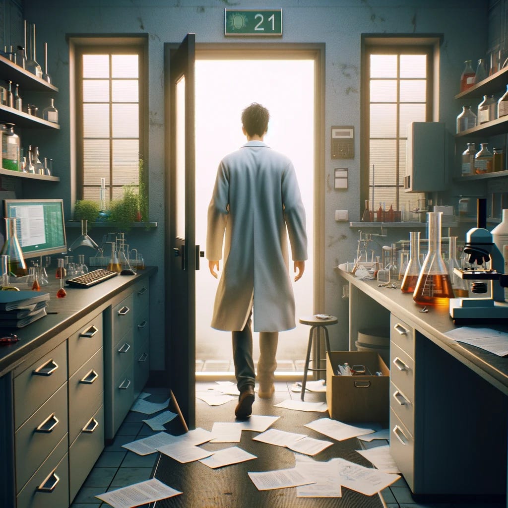 The scene captures a scientist from behind, walking out of a laboratory door, embodying a moment of frustration or disappointment. The scientist, clad in a white lab coat and carrying a notebook, is seen leaving a room filled with scientific equipment: beakers, microscopes, and computers, symbolizing a place of intense research. Papers scattered on the desk hint at a sudden or emotional departure. The open door ahead leads to a corridor, suggesting an escape from the chaos of the lab to a quieter, more reflective space. This perspective emphasizes the scientist's solitary journey, highlighting the personal challenges and emotional toll that scientific inquiry can sometimes demand.