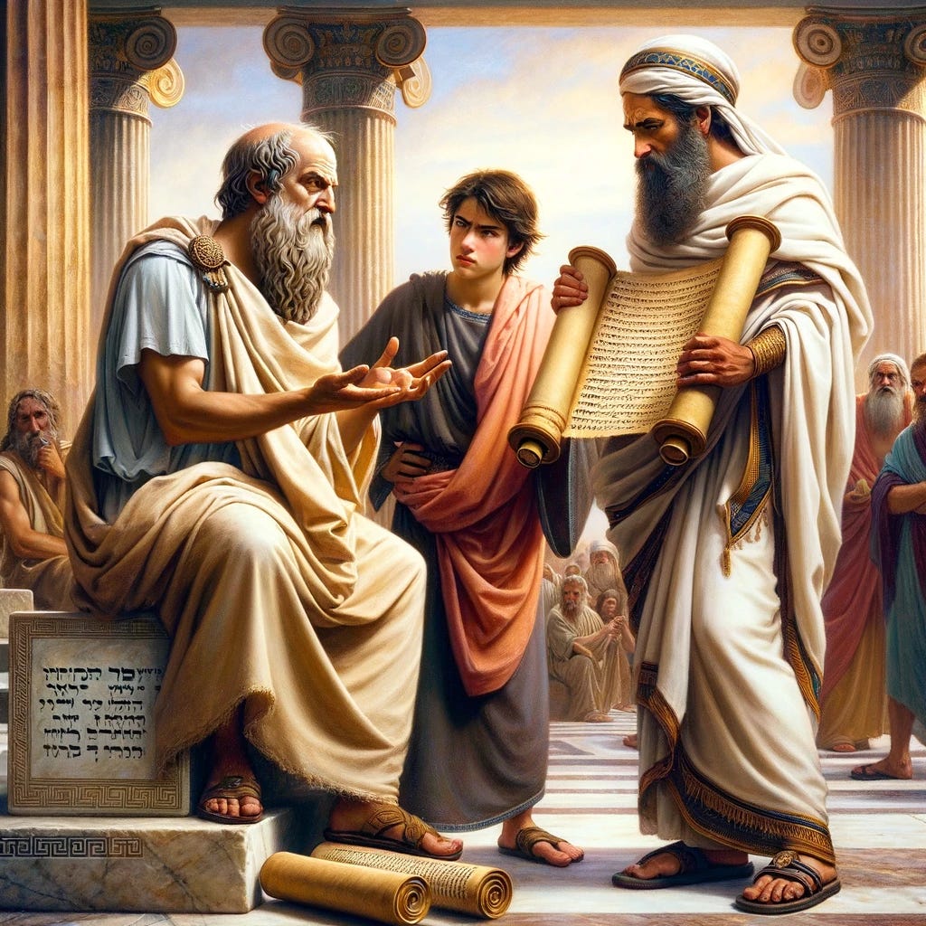 A thought-provoking scene set in ancient Athens where Plato and a young Aristotle engage in a deep discussion with a wandering Levite about Jewish scriptures. Plato, depicted as an elder philosopher with a flowing beard and traditional Greek robe, gestures animatedly towards a scroll. Aristotle, youthful and curious, examines another scroll closely. The Levite, in distinct Hebrew attire with a turban and tunic, explains the texts. The setting is a classical Athenian agora with marble columns and a vibrant crowd of onlookers.