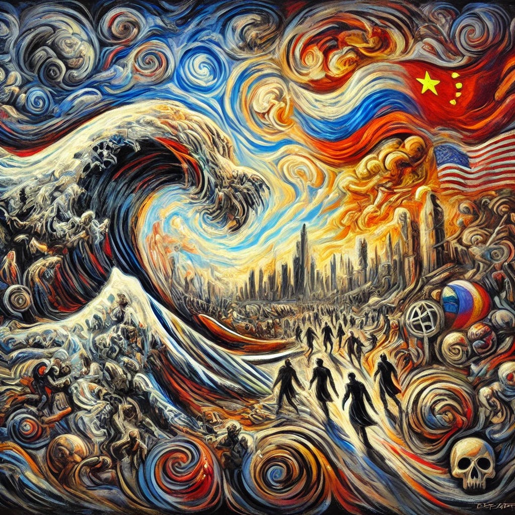 An abstract, artistic depiction of the decline of Western imperialism and the rise of new forms of imperialism in the 21st century. The scene includes elements symbolizing the downfall of the American and European empires with fading symbols of power, juxtaposed against emerging symbols of Chinese and Russian influence. The painting uses swirling, bold brush strokes with bright, contrasting colors. The background features a dramatic sky and figures in motion, representing change and turmoil. The overall style is reminiscent of expressionist oil paintings, capturing raw and intense emotions.