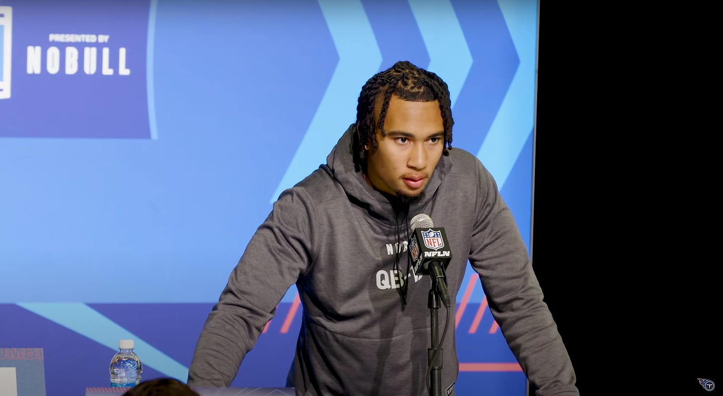 Image of CJ Stroud speaking to the media at the 2023 NFL Combine on March 3, 2023