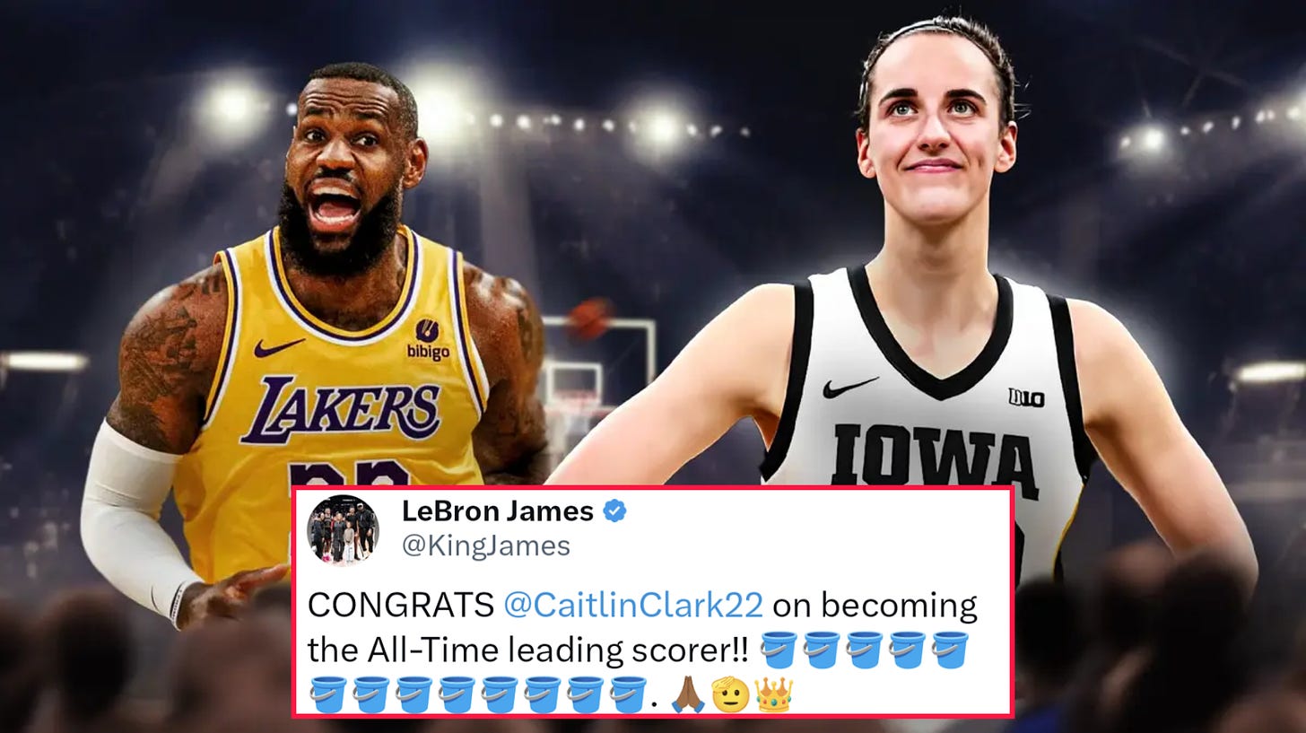 ClutchPoints on X: "LeBron James congratulates Caitlin Clark on becoming  the NCAA Men's & Women's all-time leading scorer 👑  https://t.co/GB5hkL7NlB" / X