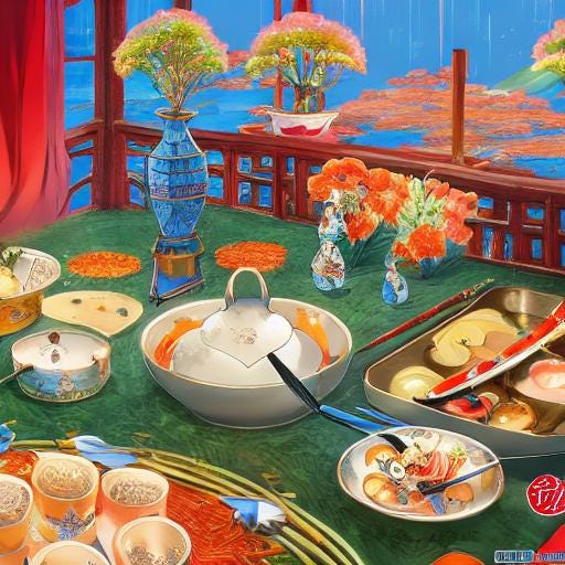 Anime-style illustration of a Chinese banquet