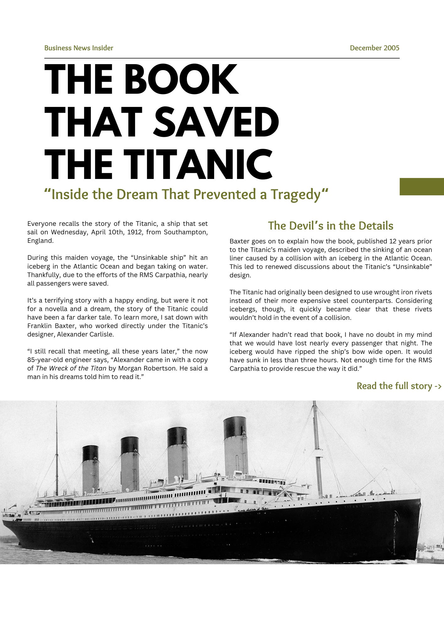 A screenshot of an article with the headline "The Book That Saved The Titanic"